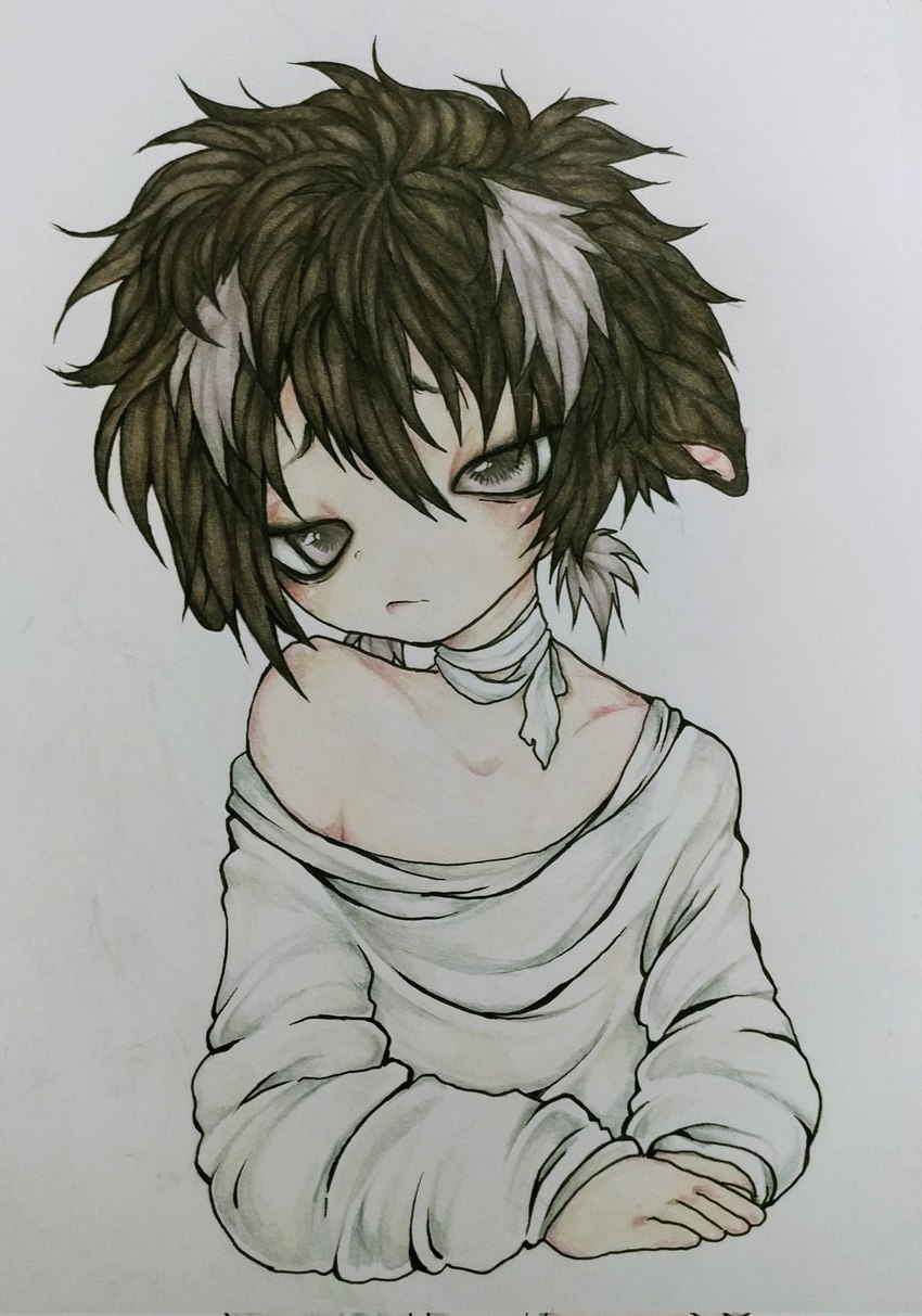 aegyo_sal ambiguous_gender bandaged_neck bangs clothing collarbone ears_down eyebrows hair pale_skin pigtails pivoted_ears shirt solo topwear squibizill zemy_(squibizill) animal_humanoid canid canid_humanoid canine canine_humanoid dog_humanoid humanoid mammal mammal_humanoid hi_res male_(lore)