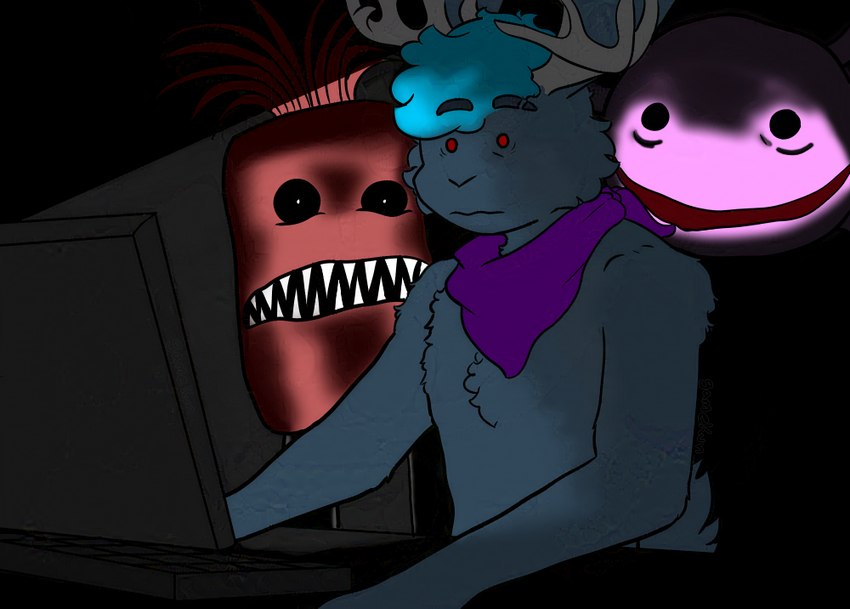 anthro antlers computer electronics horn horror_(theme) male scared_face sharp_teeth solo teeth gamekun kinitopet amphibian axolotl jackalope lagomorph mammal marine mole_salamander salamander adversarial_noise