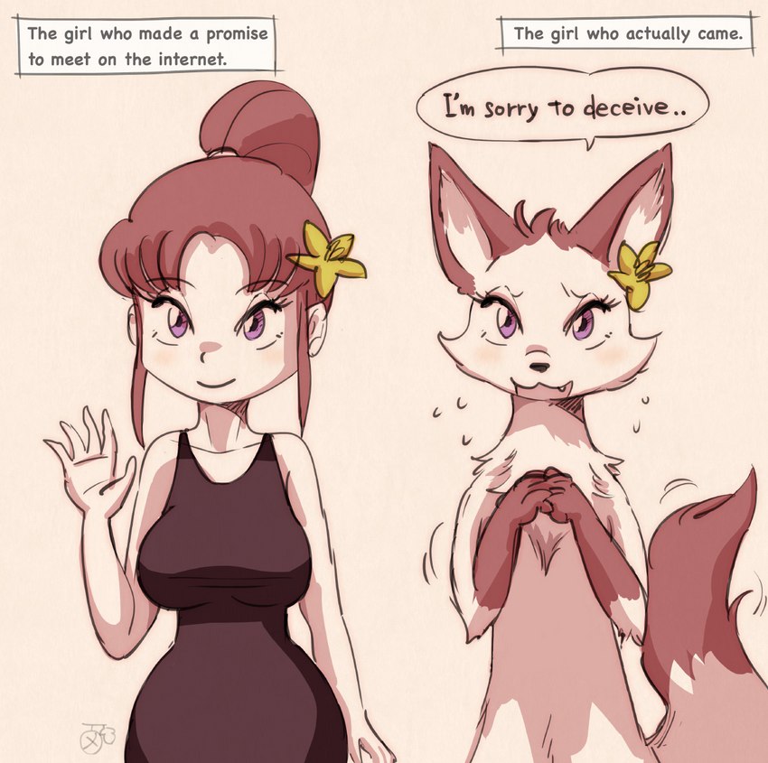 anthro big_breasts breasts catfishing clothed clothing dialogue duo female flower gesture hair nude plant purple_eyes red_hair simple_background smile standing text waving worried melonleaf third-party_edit canid canine fox human mammal 2019 english_text hi_res