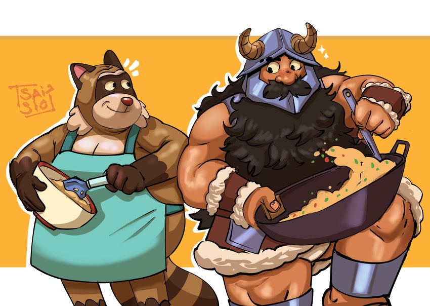 anthro apron armor beard belly big_belly brown_body clothing cooking duo facial_hair headgear helmet humanoid_hands male mature_male mustache overweight overweight_male simple_background said_the_saisio delicious_in_dungeon robot_dreams rascal_(robot_dreams) senshi_(delicious_in_dungeon) human mammal procyonid raccoon 2024 absurd_res hi_res