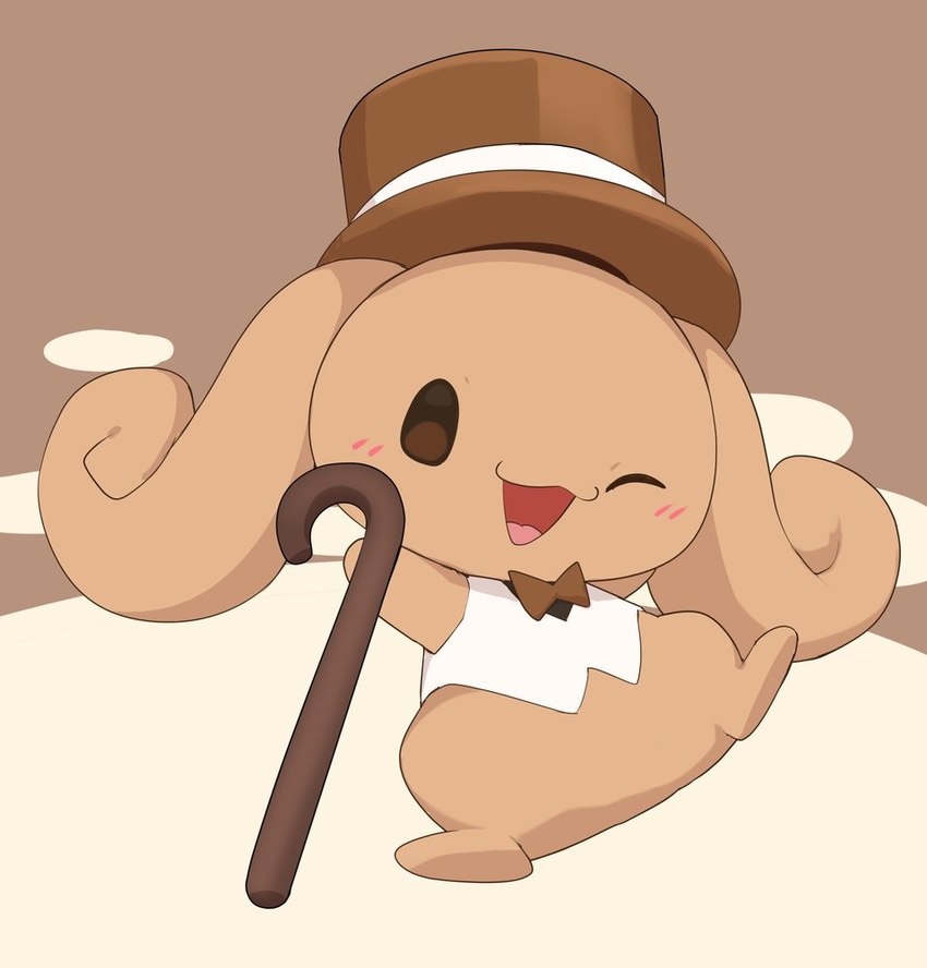 anthro blush bow_tie brown_background brown_body brown_fur cane clothed clothing floppy_ears fur hat headgear headwear holding_object looking_at_viewer lop_ears one_eye_closed simple_background smile solo top_hat topwear vest wink winking_at_viewer young young_anthro manmosu_marimo cinnamoroll sanrio espresso_(cinnamoroll) canid canine canis domestic_dog mammal