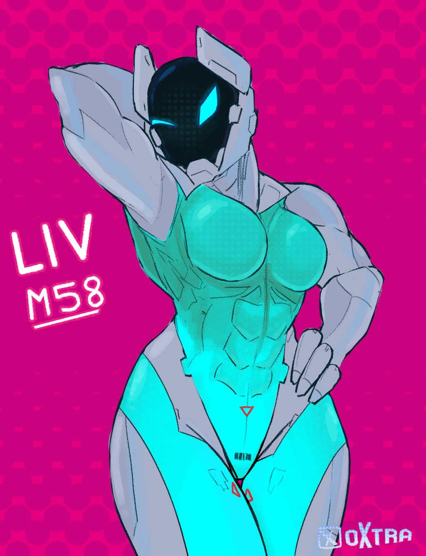 abs anthro armor biceps big_breasts blue_eyes breasts featureless_breasts featureless_crotch female glowing glowing_eyes headgear helmet machine metal_skin mouthless muscular muscular_female not_furry screen screen_face simple_background solo thick_thighs triceps visor visor_helmet wide_hips oxtra spookyboi liv_(spookyboi) ambiguous_species android humanoid robot