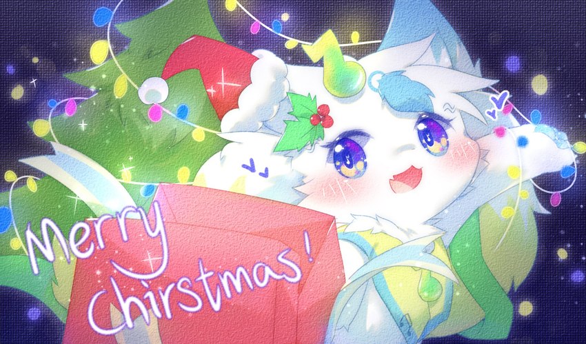 anthro blue_eyes christmas_clothing christmas_headwear clothed clothing female fur hat headgear headwear holidays kemono open_mouth open_smile santa_hat smile solo white_body white_fur young deaic christmas canid canine fox mammal 2022 hi_res