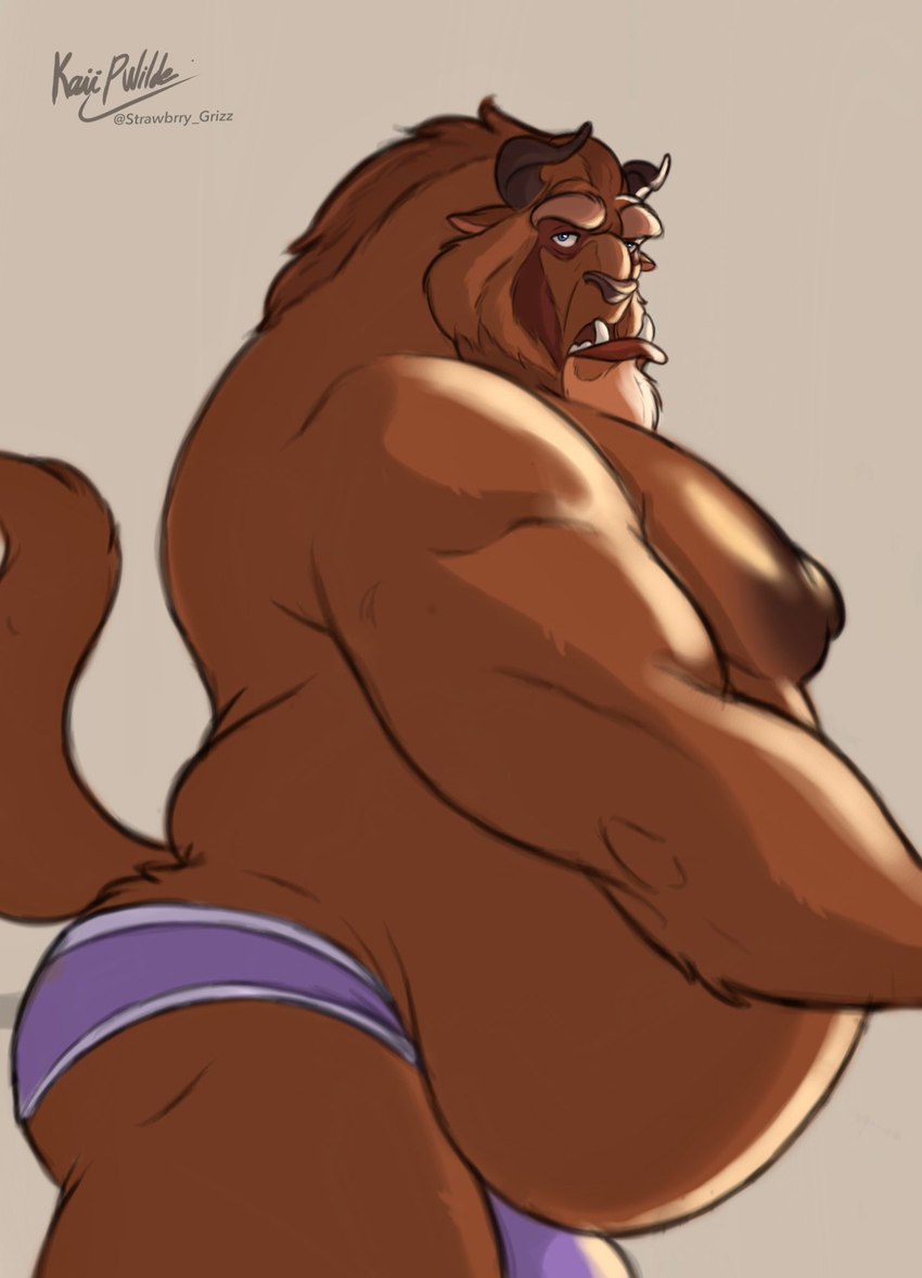 anthro belly big_belly clothed clothing fangs fur half-closed_eyes horn looking_at_viewer male moobs narrowed_eyes nipples obese obese_anthro obese_male open_mouth overweight overweight_anthro overweight_male raised_tail side_view solo tail teeth underwear underwear_only husky2paws beauty_and_the_beast disney beast_(disney) hybrid monster 2024 hi_res signature