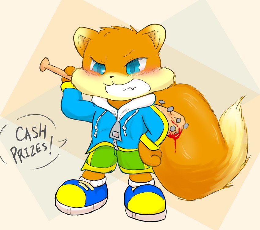 anthro bat_(object) blue_eyes blush bottomwear clenched_teeth clothing footwear fur hand_on_hip holding_bat holding_object holding_weapon hoodie long_tail male nailed_bat orange_body orange_fur shorts smug solo tail teeth text topwear weapon namoke conker's_bad_fur_day rareware conker 2019 colored english_text