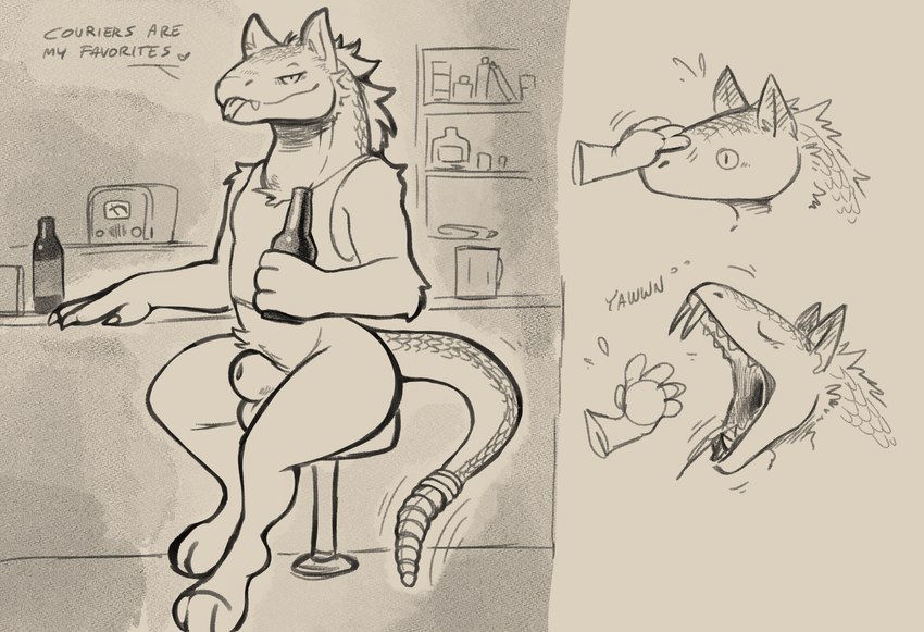animal_genitalia anthro balls bar barefoot bedroom_eyes beverage biped blep boop bottle bottomless casual_exposure clothed clothing container detached_sheath dialogue digitigrade electronics eyebrows eyelashes eyes_closed fangs feet fully_sheathed fur fur_and_scales furniture genitals hair half-closed_eyes heart_symbol holding_beverage holding_bottle holding_container holding_object ineffective_clothing inside looking_at_viewer male narrowed_eyes open_mouth paws petting public radio rattle_(anatomy) scales seductive sharp_teeth sheath shelf shirt sitting smile solo stool tail tank_top teeth text thick_tail tongue tongue_out topwear white_balls white_sheath yawn daftpatriot fallout microsoft canid canine canis coyote hybrid mammal night_stalker_(fallout) pit_viper rattlesnake reptile scalie snake viper 2018 digital_media_(artwork) english_text hi_res monochrome story story_in_comments