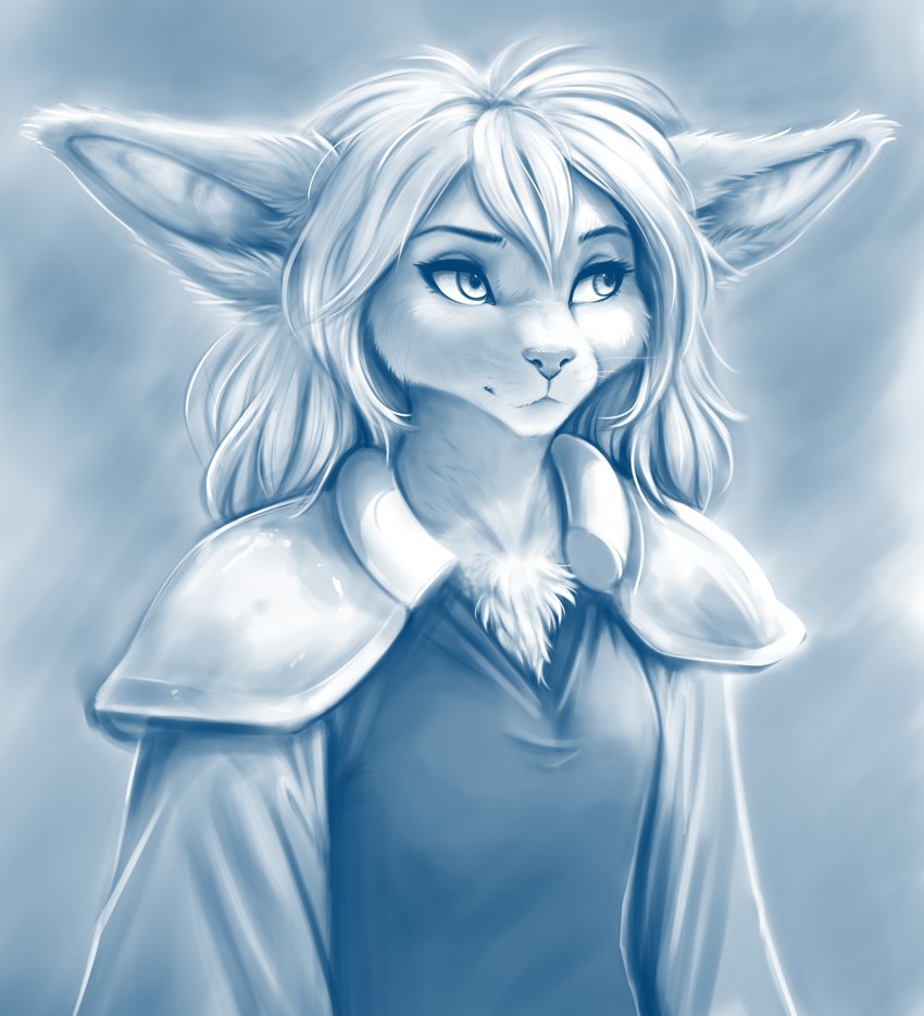 anthro armor chest_tuft clothed clothed_anthro clothed_female clothing female looking_aside makeup pauldron robe shoulder_pads simple_background snout solo tuft whisker_spots whiskers conditional_dnp tom_fischbach twokinds madelyn_adelaide basitin mammal 2025 absurd_res blue_and_white detailed hi_res monochrome sketch