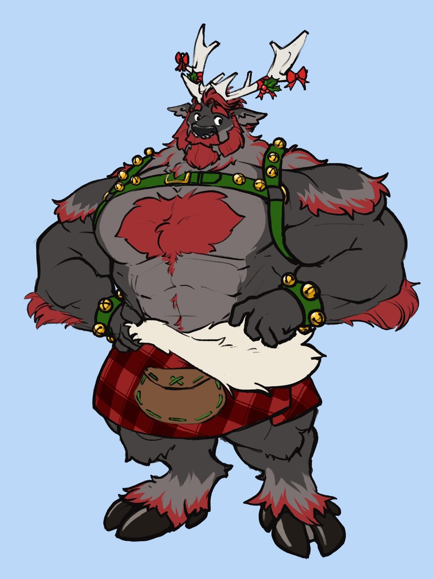 5_fingers anthro antlers arm_hair beard bell big_muscles black_body black_fur black_hooves black_nose body_hair bottomwear chest_hair clothing eyebrows facial_hair facial_piercing fingers fur hair happy_trail harness holidays holly_(plant) hooves horn humanoid_hands kilt male muscular muscular_anthro muscular_male mustache nose_piercing piercing plant red_hair simple_background solo sporran standing thick_eyebrows kurothemoop christmas boku_(character) deer mammal new_world_deer reindeer 2020 3:4 hi_res