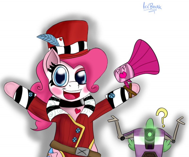 ambiguous_gender blue_eyes clothed clothing duo female hair hat headgear headwear machine makeup megaphone pink_hair question_mark icebreak23 2k_games borderlands friendship_is_magic hasbro my_little_pony claptrap mad_moxxi pinkie_pie_(mlp) spike_(mlp) earth_pony equid equine horse mammal pony robot 2013 6:5 crossover