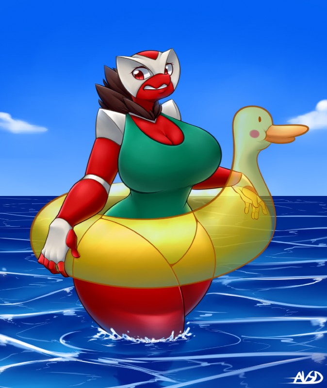 animal_pool_toy animal_swim_ring anthro big_breasts big_butt breasts butt cleavage clothed clothing cloud day female green_clothing green_swimwear in_swim_ring inflatable inner_tube legs_in_water nervous non-mammal_breasts one-piece_swimsuit outside partially_submerged pool_toy red_eyes sea sky solo submerged_legs swim_ring swimwear thick_thighs walking walking_in_water water wide_hips averyshadydolphin mythology calamity_(averyshadydolphin) dragon inanimate_object mythological_creature mythological_scalie scalie 2016 hi_res