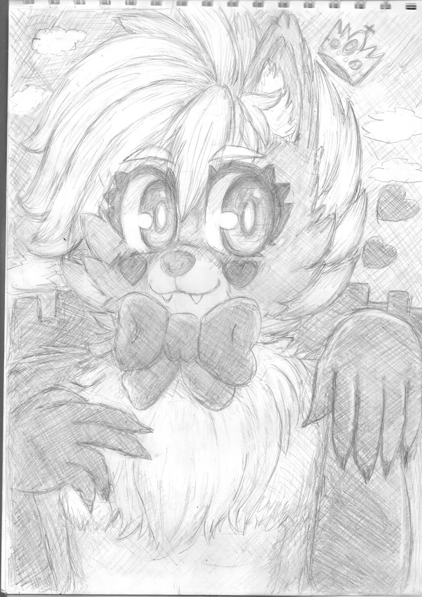 anthro blush brown_body brown_fur cute_fangs fangs first_person_view fluffy fur hair looking_at_viewer macro male ribbons simple_background smile solo teeth white_hair yellow_body yellow_fur don_random logan_grey canid canine fox mammal black_and_white greyscale hi_res monochrome