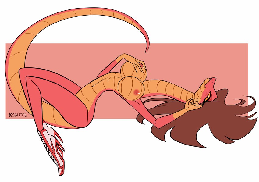 anthro big_breasts breasts brown_hair clothing female footwear footwear_only grabbing_own_breast hair long_hair long_neck long_tail lying mostly_nude nipples nude simple_background solo spread_legs spreading tail sblitos ruby_(nutjobgto) reptile scalie snake 2023 hi_res signature