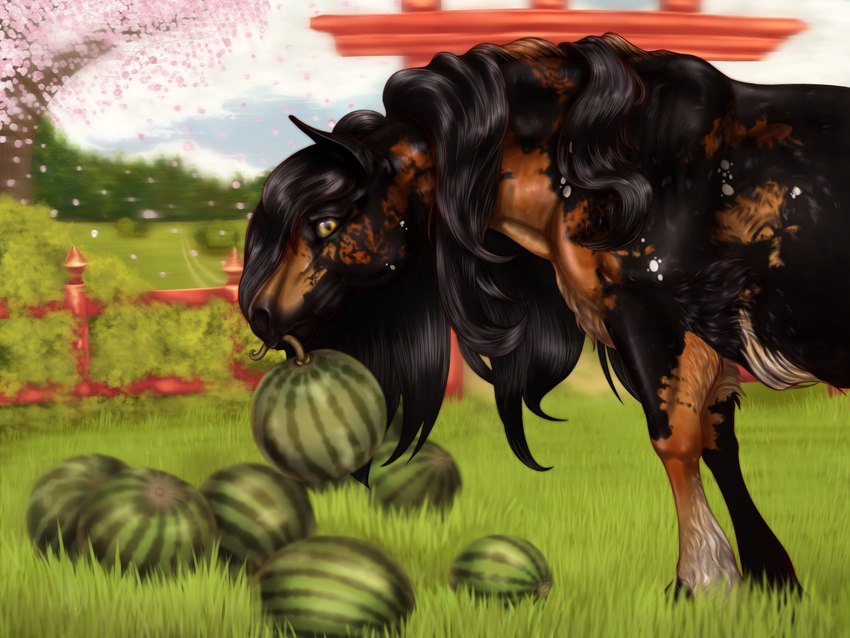 ambiguous_feral ambiguous_gender cherry_blossom detailed_background feral field flower food fruit fur ginger hooves japan mane melon ohfeel!a plant prunus_(flower) quadruped scenery shrub unguligrade watermelon kattbutik equid equine horse mammal 4:3 hi_res female_(lore)