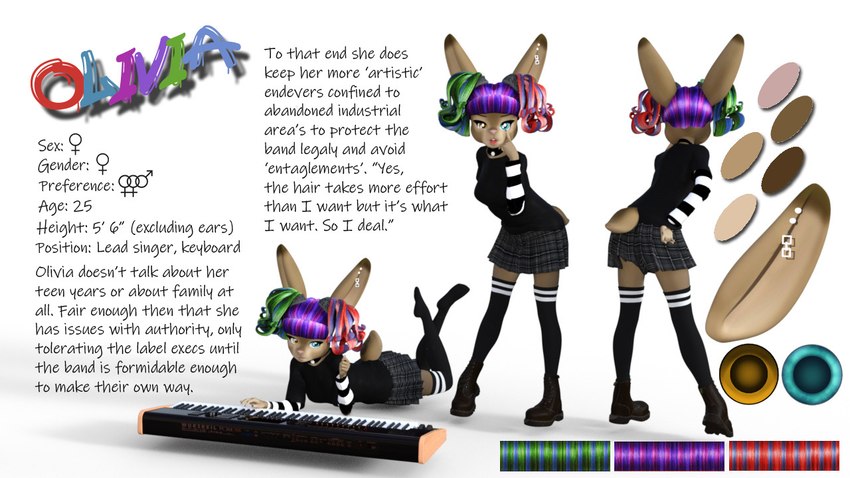 anthro boots clothing ear_piercing female footwear highlights_(coloring) keyboard_instrument legwear musical_instrument musical_keyboard musician piercing shoes solo stockings text anthro_(artist) olivia_(character) lagomorph leporid mammal rabbit 16:9 english_text model_sheet widescreen