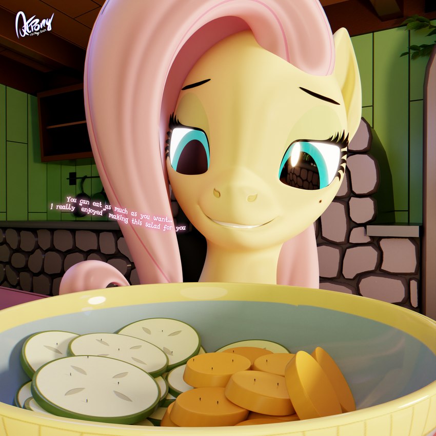 blue_eyes cucumber detailed_background eyelashes female feral food fruit hair pink_hair plant smile solo teeth yellow_body quicktimepony friendship_is_magic hasbro my_little_pony fluttershy_(mlp) equid equine mammal 1:1 3d_(artwork) digital_media_(artwork) hi_res