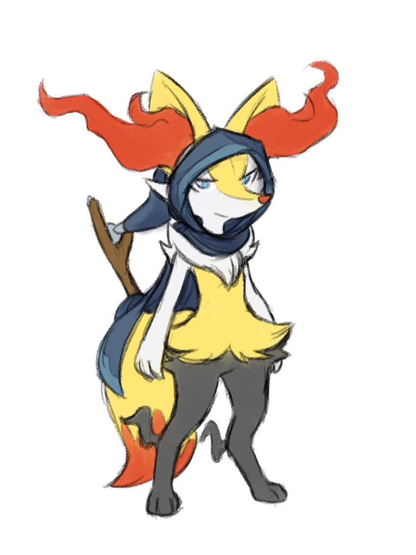 ambiguous_gender anthro biped black_body blue_eyes fur inner_ear_fluff scarf simple_background solo tuft white_background yellow_body yellow_fur sealer4258 nintendo pokemon seal_(sealer4258) braixen generation_6_pokemon pokemon_(species) hi_res