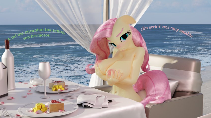 anthro anthrofied big_breasts breasts cake dessert female food holding_breast nipples nude outside solo text flutterpink_3d friendship_is_magic hasbro my_little_pony fluttershy_(mlp) equid equine mammal 16:9 3d_(artwork) 4k absurd_res digital_media_(artwork) hi_res spanish_text translated widescreen