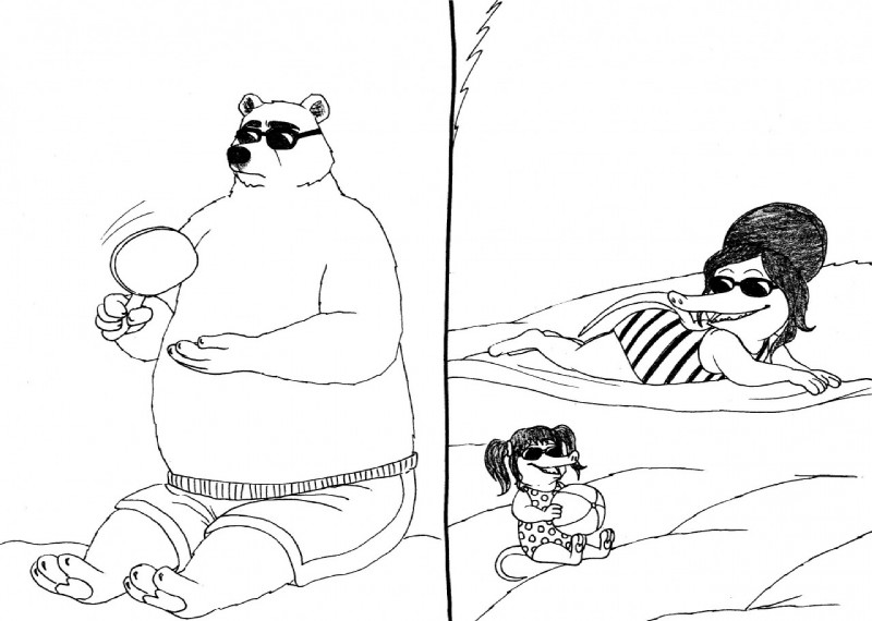 anthro ball beach beach_ball clothing eyewear female group inflatable male on_towel outside pool_toy seaside simple_background size_difference sunglasses swimwear towel white_background bernielover disney zootopia fru_fru koslov_(zootopia) arctic_shrew bear eulipotyphlan mammal polar_bear shrew ursine monochrome