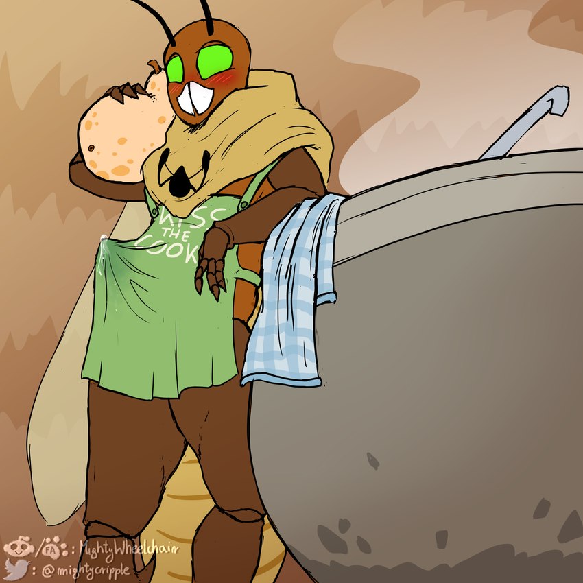 antennae_(anatomy) anthro apron arm_support arthropod_abdomen bandit_cook_(bug_fables) blush blush_lines bodily_fluids brown_body cauldron clothing erection erection_under_clothing genital_fluids green_apron green_clothing green_eyes hood kiss_the_cook leaning_on_elbow leaning_on_object looking_at_viewer male no_pupils overweight overweight_male precum precum_through_clothing rag solo standing thick_thighs translucent translucent_wings wet wet_clothing wings mightywheelchair bug_fables moonsprout_games arthropod cricket insect orthopterid 1:1 hi_res