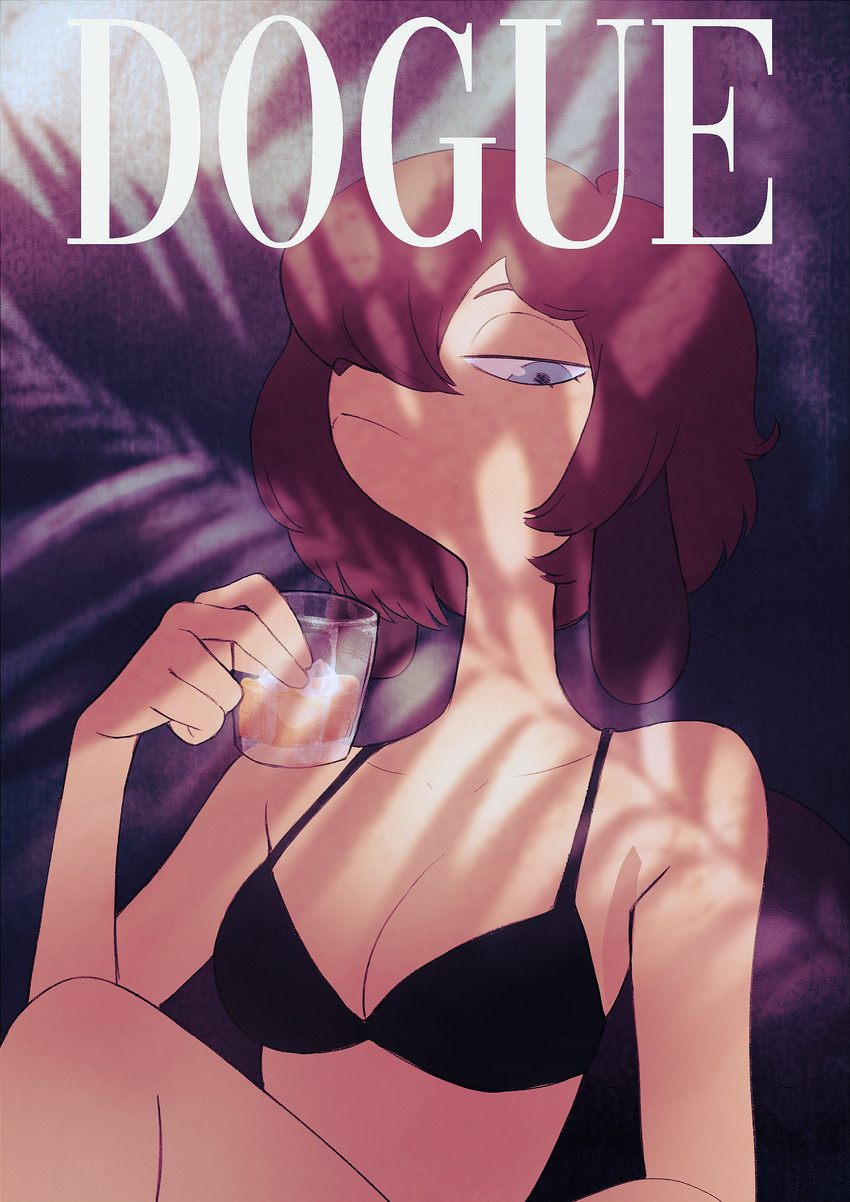 alcohol anthro beverage bikini blue_eyes breasts cleavage clothed clothing female hair parody short_hair solo swimwear two-piece_swimsuit colo vogue_(magazine) misha_(colo) canid canine canis domestic_dog mammal absurd_res hi_res