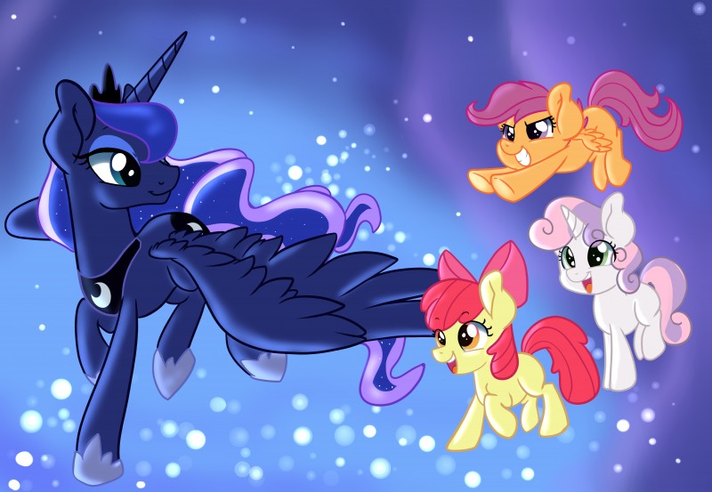 blue_eyes feathered_wings feathers female feral flying group horn sparkles wings young young_feral pon3splash friendship_is_magic hasbro my_little_pony mythology apple_bloom_(mlp) princess_luna_(mlp) scootaloo_(mlp) sweetie_belle_(mlp) earth_pony equid equine horse mammal mythological_creature mythological_equine pegasus pony unicorn winged_unicorn 2015 absurd_res blue_theme hi_res