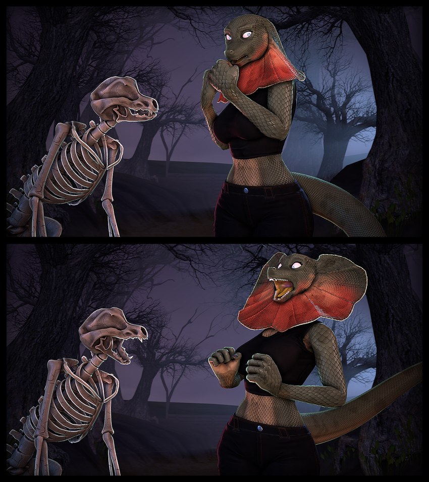 ambiguous_gender anthro bone bottomwear breasts clothed clothed_anthro clothed_female clothing duo fangs female forest green_body green_scales night open_mouth outside pants plant scales scared screaming skeleton tail teeth tongue tree petruz petruz_(modeler) agamid animated_skeleton frilled_lizard lizard reptile scalie undead 2024 3d_(artwork) digital_media_(artwork) hi_res source_filmmaker_(artwork)