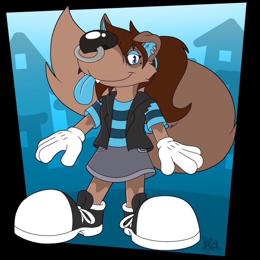 anthro big_feet big_nose blue_background blue_clothing blue_eyes blue_inner_ear blue_shirt blue_tongue blue_topwear brown_body brown_fur brown_hair clothing cute_fangs facial_piercing fangs feet female fur gloves hair handwear neighborhood nose_piercing pattern_clothing pattern_shirt pattern_topwear piercing round_nose shirt simple_background solo striped_clothing striped_shirt striped_topwear stripes teeth tongue tongue_out toony topwear white_clothing white_gloves white_handwear trinitylight canid canine canis mammal wolf 1:1 alpha_channel hi_res nonbinary_(lore)