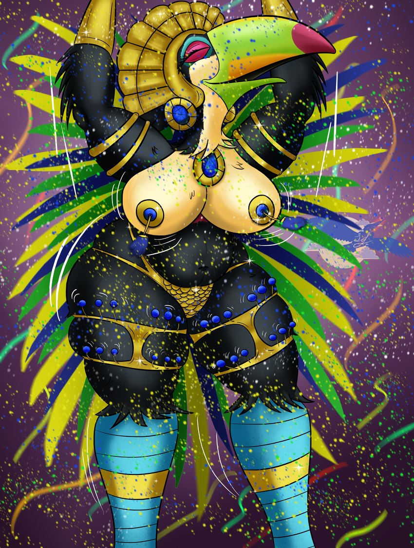 anthro beak big_breasts big_butt black_body blue_legs blue_markings bracelet breasts butt clothing costume dancing eyelashes eyes_closed feathers female glitter golden_accessories green_beak headdress holidays jewelry legband looking_pleasured markings navel necklace nipple_covers open_mouth orange_markings pink_eyelids pink_markings serpentine shaking_breasts shaking_butt slightly_chubby slightly_chubby_female solo sparkles sparkling_clothing tan_body thick_thighs thight_clothing thong underwear lindwormduality blue_sky_studios carnival_(holiday) rio_(series) eva_(rio) avian bird keel-billed_toucan ramphastos toucan absurd_res hi_res