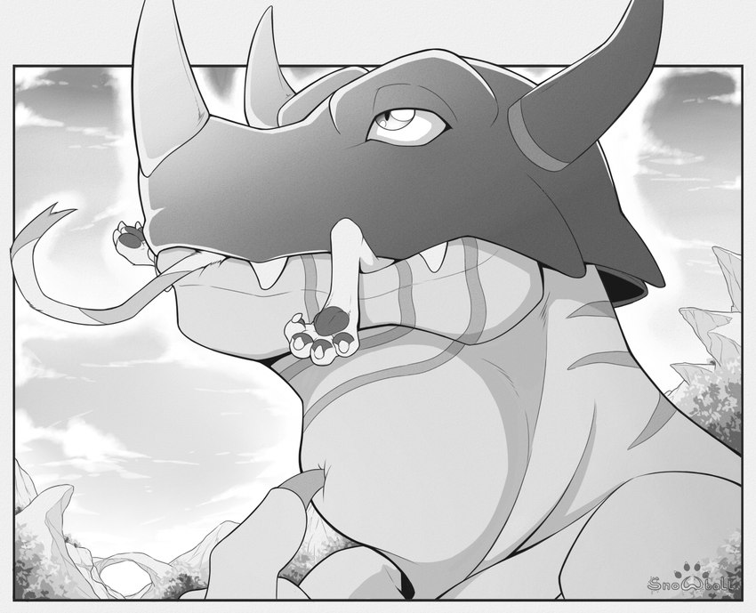 4_toes almost_fully_inside ambiguous_gender ambiguous_prey claws day duo feet looking_up male male_pred mountain neck_bulge oral_vore outside partially_inside pawpads sky toes vore s2-freak bandai_namco digimon digimon_(species) garurumon greymon 2020 greyscale monochrome watermark