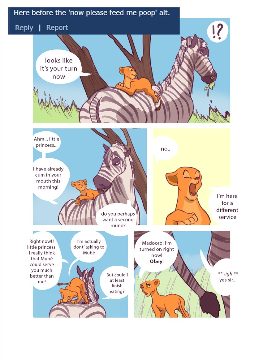 dialogue duo eating female feral male young kimirera disney the_lion_king nala_(the_lion_king) equid equine felid lion mammal pantherine zebra comic hi_res