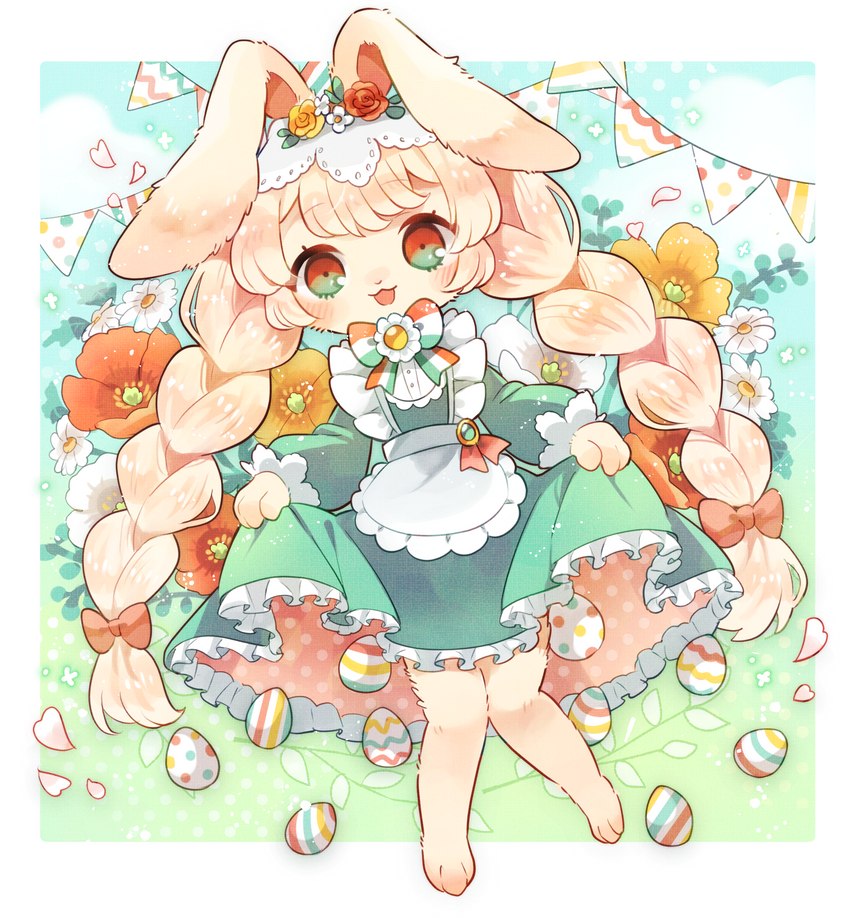 3_toes adolescent alternative_fashion anthro biped blush braided_hair clothed clothing clothing_lift country_lolita dress dress_lift easter_egg feet female flower green_clothing green_dress green_eyes hair heart_symbol holidays j-fashion kemono lolita_(fashion) looking_at_viewer petals pigtails plant red_eyes smile solo toes young young_anthro young_female kuo0 easter lagomorph leporid mammal rabbit hi_res pastel_theme