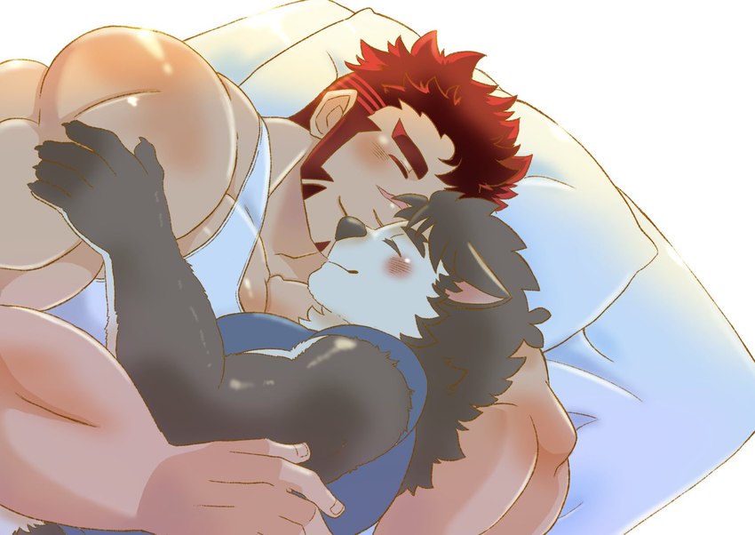 anthro bed blush brown_body brown_fur clothing cuddling duo eyebrows fur furniture hair hug human_on_anthro interspecies male male/male pillow red_hair romantic romantic_couple shirt smile tank_top thick_eyebrows topwear kusarikakemono lifewonders live_a_hero akashi_(live_a_hero) dog_operator protagonist_(live_a_hero) canid canine canis domestic_dog human mammal