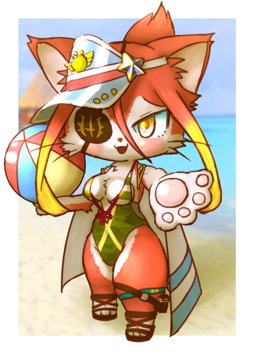 anthro ball beach beach_ball blush border breasts cleavage clothed clothing eye_patch eyewear female footwear inflatable one-piece_swimsuit open_mouth outside pawpads paws pink_pawpads sandals sea seaside shoes solo swimwear thick_thighs visor water white_border bunnag cat_busters hinozuki domestic_cat felid feline felis mammal digital_media_(artwork) hi_res shaded