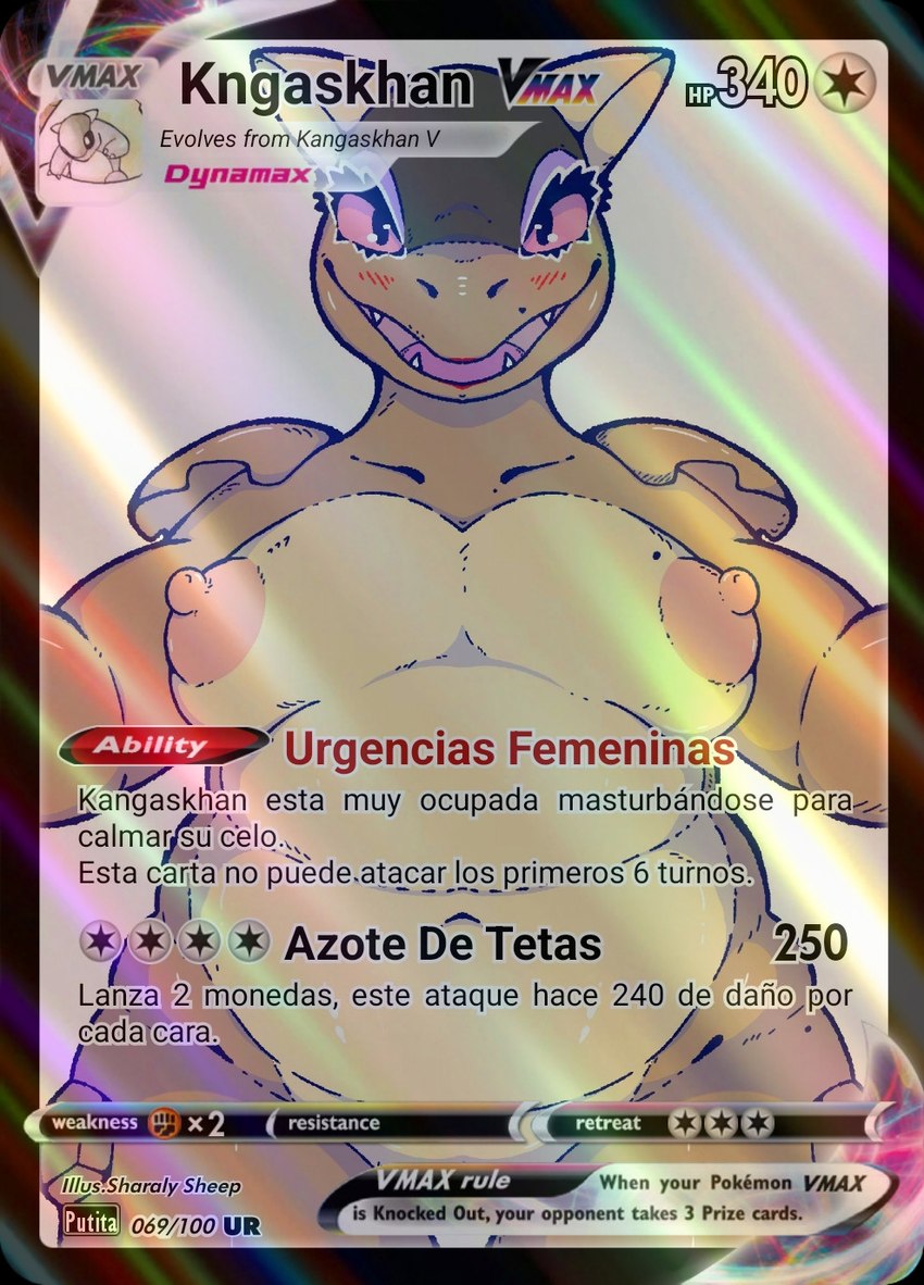 anthro areola belly big_areola big_belly big_breasts blush breasts brown_body brown_skin card card_template clothed clothing erect_nipples eyebrows eyelashes female gameplay gameplay_mechanics genitals gui health_bar huge_breasts looking_at_viewer nipples nude open_mouth overweight pink_areola pink_nipples pokemon_card pussy red_eyes simple_background smile solo symbol tanned_skin teeth text thick_thighs trading_card trading_card_game trading_card_template sharalythesheep nintendo pokemon generation_1_pokemon kangaskhan mammal pokemon_(species) scalie digital_media_(artwork) hi_res