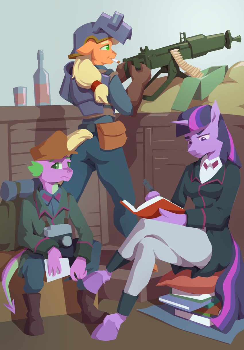 alcohol anthro beverage clothing dargon female group legwear military reporter soldier stockings warrior weapon writing_text tass_the_bovine friendship_is_magic hasbro my_little_pony applejack_(mlp) spike_(mlp) twilight_sparkle_(mlp) equid equine horse mammal pony absurd_res hi_res