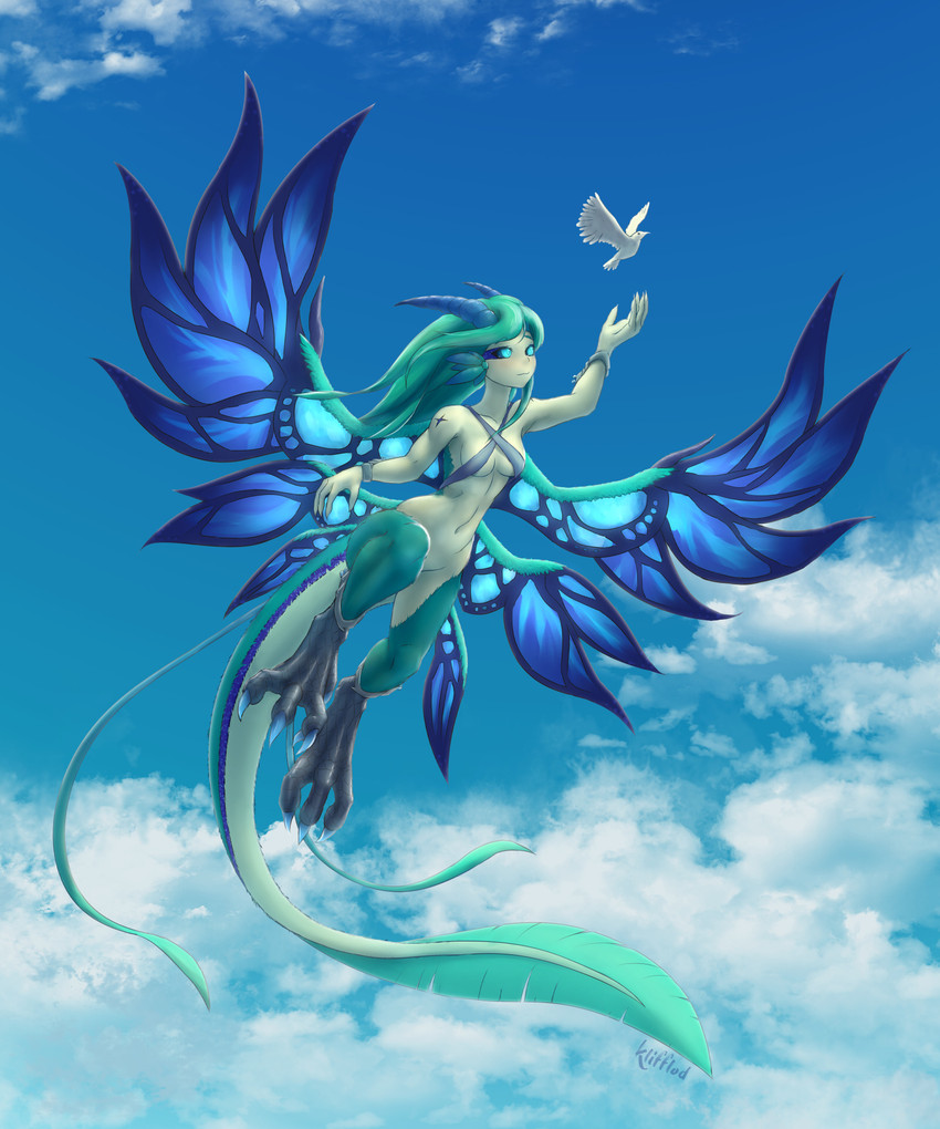 blue_eyes blue_sclera blue_wings breasts claws cloud female green_hair hair horn long_hair monster_girl_(genre) multi_wing sky solo tail toe_claws wings klifflod genshin_impact mihoyo mythology dvalin animal_humanoid avian bird dragon dragon_humanoid humanoid mythological_creature mythological_scalie scalie 5:6 hi_res