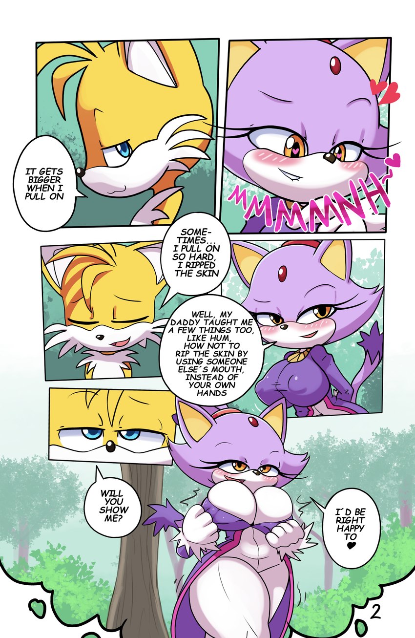 anthro big_breasts blush breasts clothed clothing dialogue duo female heart_symbol nipple_outline plant text thick_thighs tree undressing ichduhernz gachimuchi sega sonic_the_hedgehog_(series) blaze_the_cat miles_prower domestic_cat felid feline felis mammal 2024 absurd_res comic english_text hi_res meme