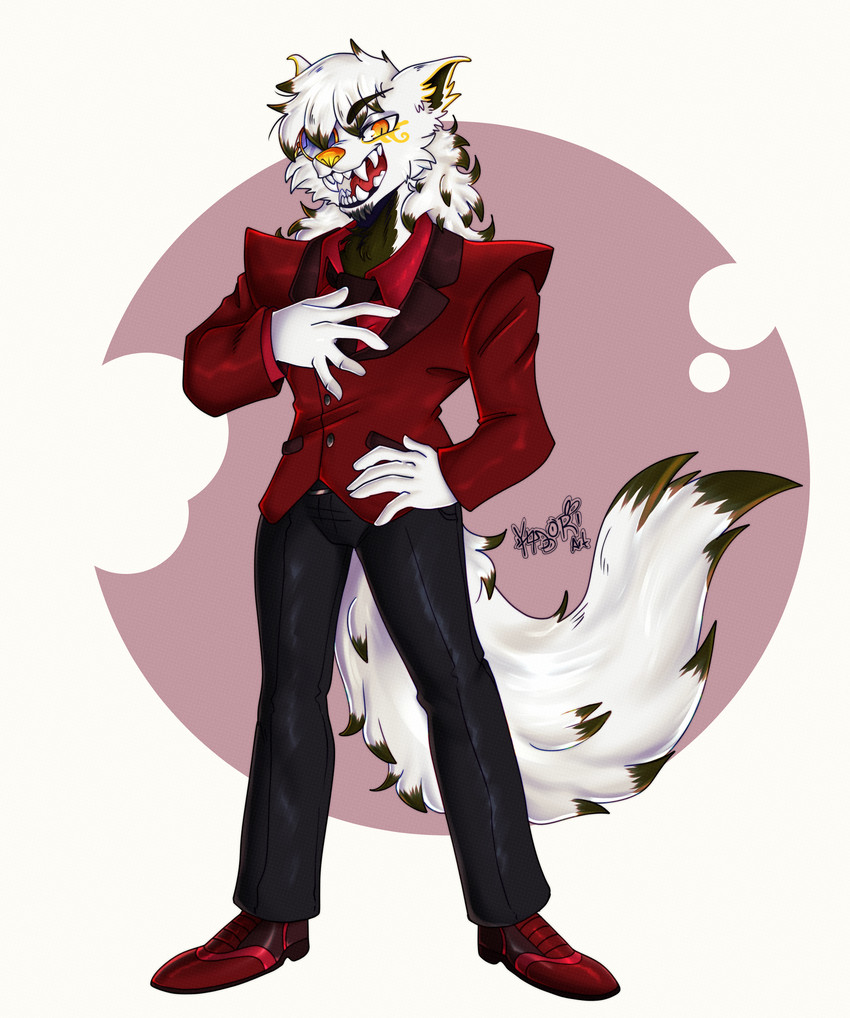 anthro clothed clothing eyewear fur hair looking_at_viewer male markings monocle open_mouth simple_background smile solo teeth yaddoriart goldomond canid canine canis mammal wolf absurd_res digital_media_(artwork) hi_res