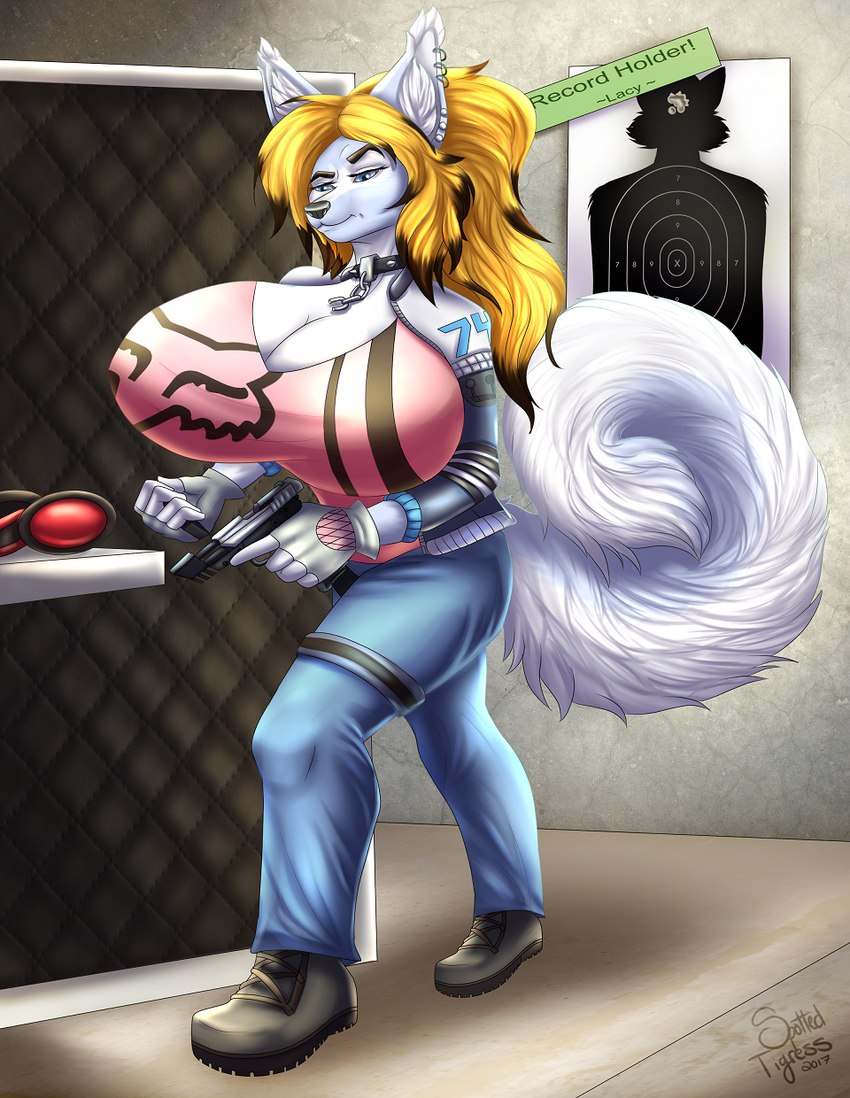 anthro big_breasts black_nose blonde_hair blue_bottomwear blue_clothing blue_eyes blue_pants bottomwear breasts clothed clothing curled_tail ear_piercing ear_ring female footwear fur glistening glistening_eyes grey_clothing grey_footwear grey_shoes gun hair holding_gun holding_object holding_ranged_weapon holding_weapon huge_breasts inner_ear_fluff mouth_closed multiple_ear_piercings narrowed_eyes pants piercing pink_clothing pink_topwear ranged_weapon ring_piercing shoes shooting_range solo standing tail topwear tuft weapon white_body white_fur white_inner_ear_fluff white_tail tiggybloom lacy_(leumas_setay) canid mammal 2017 dated full-length_portrait hi_res portrait signature