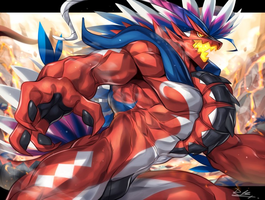 4_fingers abs anthro biceps biped black_pawpads eyebrows featureless_crotch fingers male multicolored_body muscular muscular_anthro muscular_male muscular_thighs open_mouth pawpads pecs red_body red_eyebrows solo triceps two_tone_body white_body rabbity nintendo pokemon ancient_pokemon apex_build_koraidon generation_9_pokemon koraidon legendary_pokemon paradox_pokemon pokemon_(species) 2022 colored hi_res signature