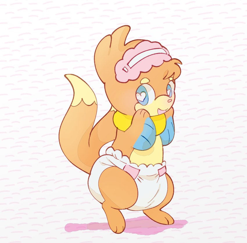 anthro blue_eyes chibi clean_diaper clothed clothing diaper diaper_only female fur orange_body orange_fur pink_background simple_background solo standing toddler topless wearing_diaper white_background yellow_body yellow_fur young young_anthro young_female neotenous nintendo pokemon buizel generation_4_pokemon pokemon_(species) 2023 hi_res