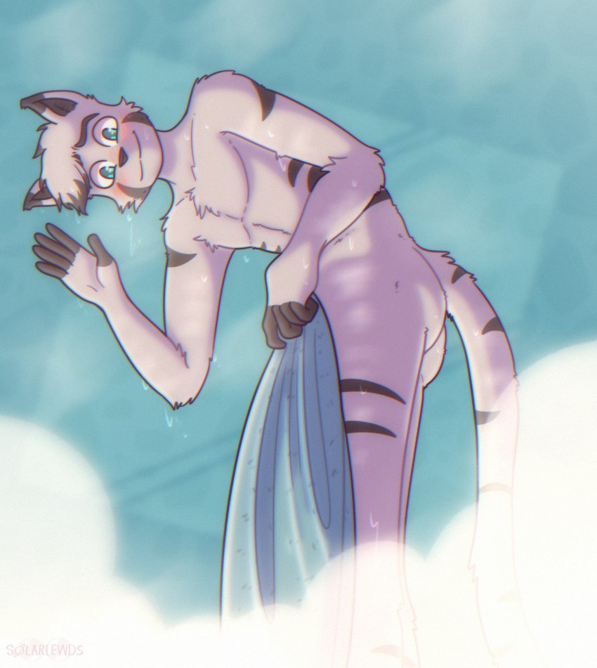 anthro blush butt fur fur_markings grey_body grey_fur hair looking_at_butt looking_back male markings multicolored_body multicolored_fur nude shower simple_background smile solo standing steam tail tail_markings towel water wet solarlewds jinx_(solarlewds) felid feline mammal digital_media_(artwork) hi_res