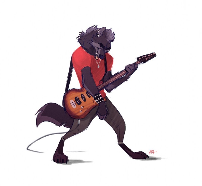 anthro clothed clothing eyes_closed fully_clothed fur grey_body grey_fur guitar jewelry male musical_instrument necklace piercing playing_guitar playing_music plucked_string_instrument simple_background solo standing string_instrument tongue tongue_out white_background ritwell canid canine canis mammal wolf 2017