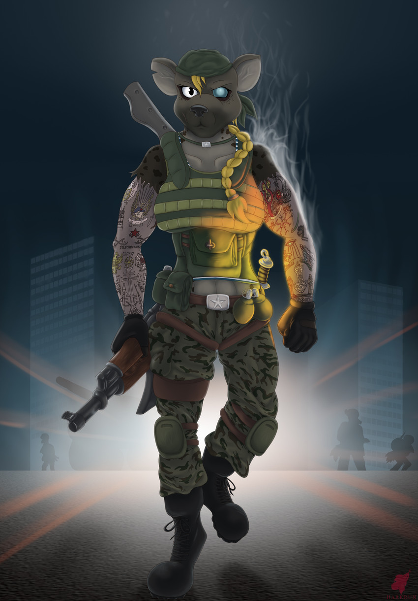 ak-47 ak_platform anthro armor army assault_rifle cave city explosives female grenade gun knife machette mercenary military muscular muscular_anthro muscular_female night plantigrade ranged_weapon rifle scar soldier solo tattoo warrior weapon harkrun yvette_novak hyena mammal 2020 absurd_res digital_media_(artwork) hi_res