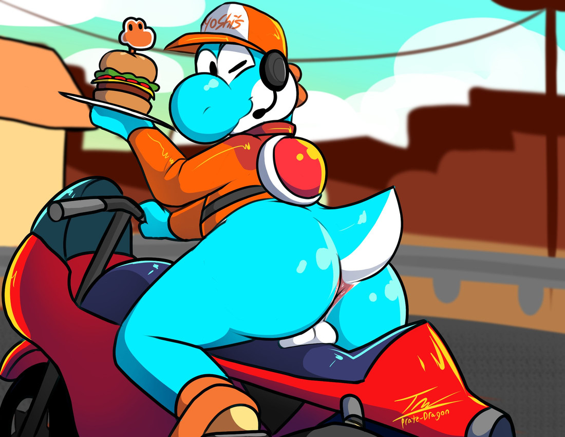 anthro anus backsack balls big_butt biped blue_body blue_scales bottomless bottomless_anthro bottomless_male burger butt clothed clothing electronics employee_uniform food footwear genitals hat headgear headphones headset headwear looking_at_viewer looking_back looking_back_at_viewer male motorcycle one_eye_closed rear_view scales shell shoes short_tail sitting solo tail vehicle wink winking_at_viewer prate-dragon mario_bros mario_kart_world nintendo scalie yoshi hi_res