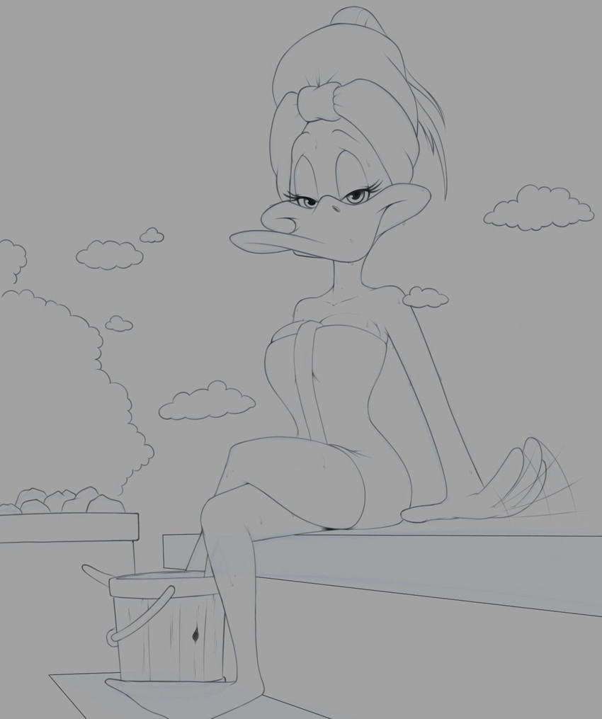 anthro bodily_fluids bucket coals container crossed_legs eyelashes female hair inviting looking_at_viewer sauna sitting smile solo steam sweat towel towel_on_head towel_only towel_wrap billboi the_looney_tunes_show warner_brothers tina_russo anatid anseriform avian bird duck hi_res monochrome