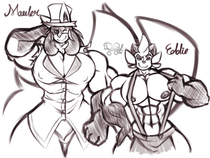 abs anthro biceps clothing duo hand_on_hip hat headgear headwear looking_ahead male male/male muscular muscular_anthro muscular_male nipple_outline nipples overalls pecs scratching_head simple_background smile smirk suit tail thick_tail thick_thighs top_hat white_background dalemdaury622 nintendo pokemon eddie_(daviddarient203) mauler_(daviddarient203) dewott generation_4_pokemon generation_5_pokemon lucario mammal mustelid pokemon_(species) hi_res watermark