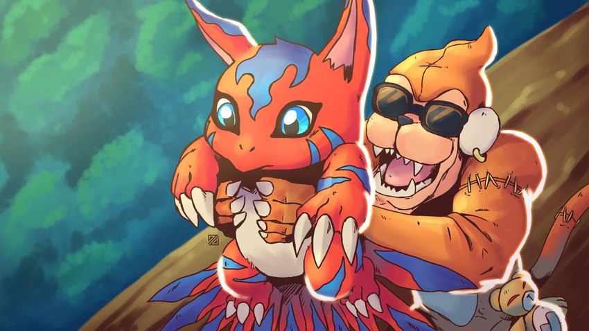 blue_eyes claws duo eyewear lifting_another male parody size_difference stitch_(sewing) sunglasses addrianodivino bandai_namco digimon disney the_lion_king digimon_(species) elecmon etemon 16:9 4k absurd_res hi_res widescreen