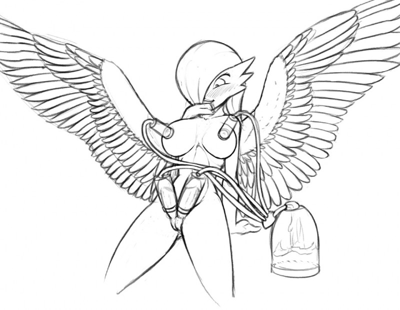 anthro blush bodily_fluids breast_milking breasts feathered_wings feathers genitals herm intersex lactating multi_genitalia multi_penis nude penile penis penis_milking pussy simple_background solo spread_wings white_background wings uselessboy nintendo pokemon azula_voiree angel angel_humanoid gardevoir generation_3_pokemon humanoid pokemon_(species) winged_humanoid greyscale monochrome