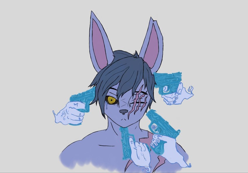 anthro black_sclera bodily_fluids crying depression dvenadtsat eye_scar facial_scar fur gun hair handgun holding_gun holding_object holding_ranged_weapon holding_weapon looking_at_viewer male pistol ranged_weapon sad scar solo suicide tears weapon yellow_eyes dvenadtsat_(character) ghost hare lagomorph leporid mammal rabbit spirit digital_media_(artwork)